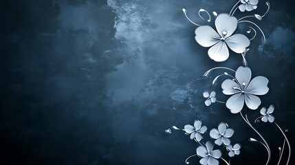 Wall Mural - Silver flowers, dark blue background, elegant design, invitation