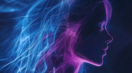 Wall Mural - A dramatic composition of glowing light rays in blue and purple, outlining a female form with a high-tech aesthetic.