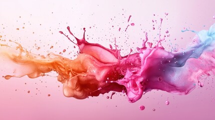 Aufkleber - Colorful paint splashes on soft pink watercolor background in high fidelity detail