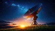 © Old Man Stocker - Majestic Satellite Dish Under Starry Sky at Dusk with Fiery Sunset Illuminating the Horizon and Galactic Clouds Above the Discerning Landscape