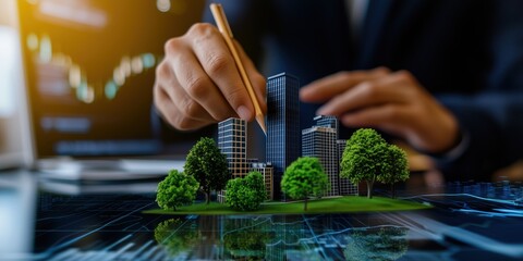 Poster - Business professional designing sustainable cityscape model with virtual technology and greenery on desk, representing urban development and environmental planning