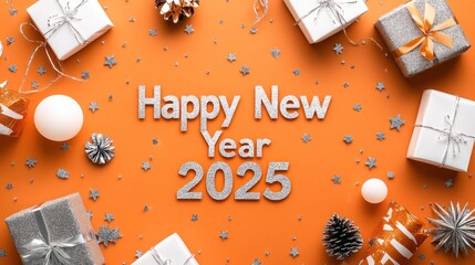 Wall Mural - Festive 2025 New Year greeting, gifts, orange background