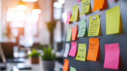 Poster - Colorful Sticky Notes on a Dark Wall in a Modern Office Setting, Encouraging Creativity and Collaboration in a Productive Work Environment
