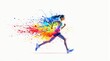 © PlanetOfVectors - Woman running with vibrant paint splashes trailing behind, symbolizing energy and creativity, on a light background. Concept of speed and motivation. Ai generative