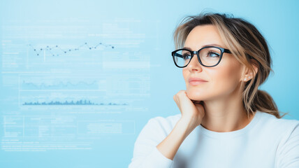 Poster - A Visionary Gaze: A confident woman with glasses looks thoughtfully into the distance, a backdrop of data visualizations reflecting her analytical and strategic mind.  