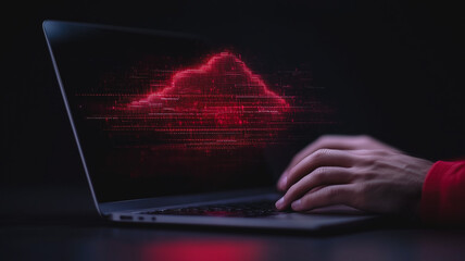 Poster - Cybersecurity Threat: A close-up shot of hands typing on a laptop, with a red cloud-shaped data breach visualization emanating from the screen.