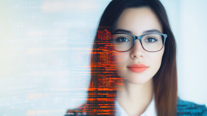 Poster - Visionary Woman and Code: A portrait of a focused young woman with glasses, overlaid with a dynamic stream of orange code, symbolizes innovation, technology, and the future of programming.