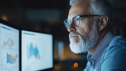 Poster - strategic analysis: a focused mature businessman wearing glasses intently studies data charts on his