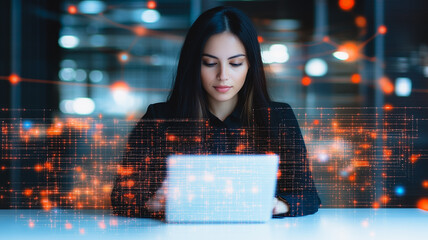 Poster - Focused Data Analyst: A young woman, a data analyst, intensely focused on her laptop, immersed in a world of data visualizations.