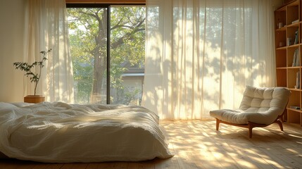 Poster - Sunlit bedroom, morning light, wooden floor, sheer curtains, peaceful scene, home design