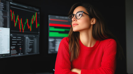Poster - Focused on the Market: A young woman with a determined expression studies a financial chart on a computer screen.