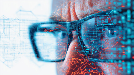 Poster - Cybersecurity Vigilance: A close-up shot of a cybersecurity professional’s intense gaze, with digital data patterns superimposed.