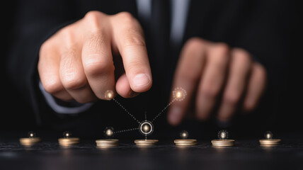 Wall Mural - Connecting the Dots: A businessman's hand delicately manipulates a network of interconnected spheres, representing a complex and interconnected business strategy.