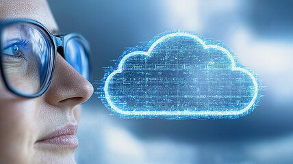 Poster - A Glimpse into the Cloud: A woman with a determined look gazes intently at a shimmering blue cloud icon representing the vast and limitless potential of cloud technology.
