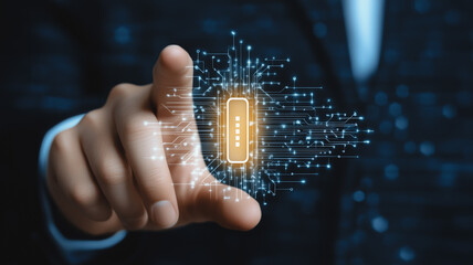 Poster - Digital Security Access: A hand reaches out, activating a glowing digital padlock icon, symbolizing cybersecurity, data protection, and secure access.