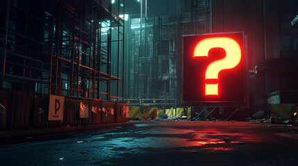 Wall Mural - Red Neon Question Mark Sign in a Dark Futuristic City