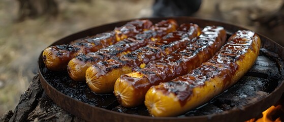 Wall Mural - Grilled Sausages with Glaze on Rustic Grill Delicious Outdoor Food Preparation Close Up