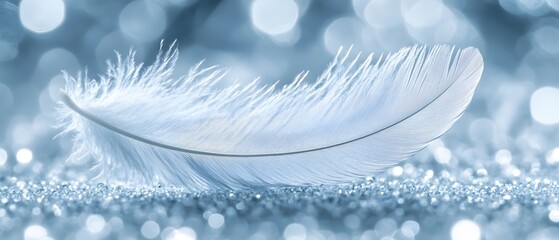 Poster - Delicate Feather on Sparkling Surface Capturing Lightness and Serenity in Soft Blue Tones