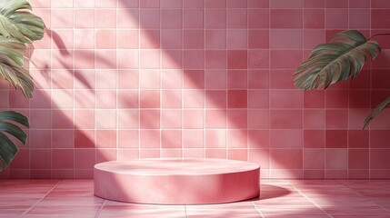 Wall Mural - Pink pedestal, tile background, sunlight, plants, product display