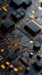 Poster - Detailed Macro Shot of a Computer Circuit Board with Golden Accents and Black Components