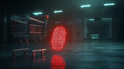 Wall Mural - Shopping cart near a luminous fingerprint in a dark, futuristic environment