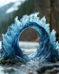 Poster - Frozen Portal A Captivating Ice Sculpture on a Riverbank with a Misty Mountain Backdrop
