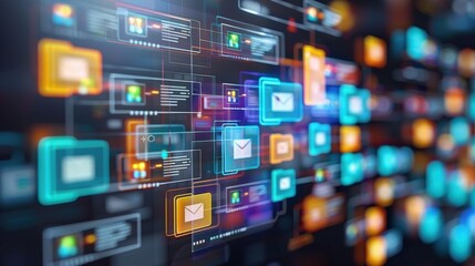 Poster - abstract network grid with files and folders, futuristic software interface, digital document manage