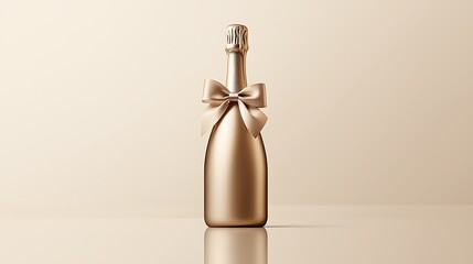 Wall Mural - Gold champagne bottle with bow on light backdrop for celebrations and special events