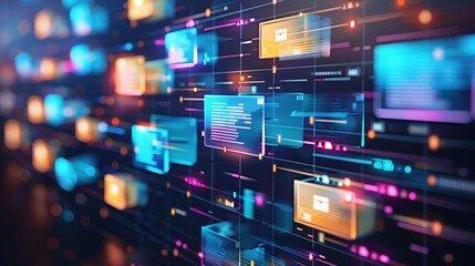 Poster - abstract network grid with files and folders, futuristic software interface, digital document manage