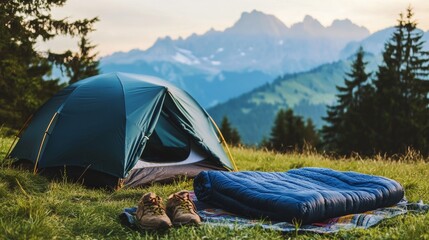 simple camping gear setup with tent and sleeping bag on a scenic mountain meadow, emphasizing comfor