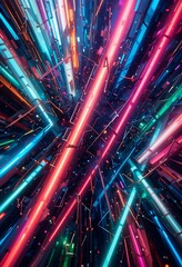 Poster - Abstract Neon Light Rays Intersecting in a 3D Digital Space