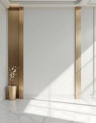 Wall Mural - Elegant White Wall with Marble Floor and Golden Accents in Bright Sunlight