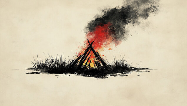 A minimalist ink drawing of an old bonfire, on a beige background