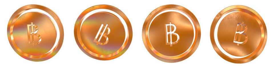 Poster - Set of 4 3d Thailand baht solid coin shapes with golden and rainbow effects isolated on a transparent background. 3d elements for graphic design.