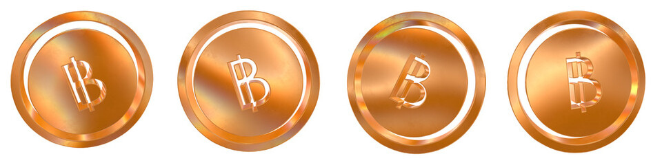 Poster - Set of 4 3d Thailand baht solid coin shapes with golden and rainbow effects isolated on a transparent background. 3d elements for graphic design.