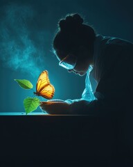 Poster - Scientist observing butterfly close-up laboratory dark environment side view nature's beauty