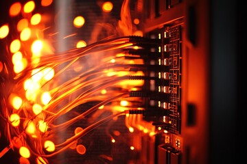 Poster - Illuminated Network Cables Connect to Glowing Ports, Highlighting Digital Infrastructure's Power and Intensity.