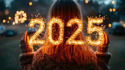 Wall Mural - Woman holds 2025 sparklers, New Year's Eve fireworks background