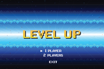 Poster - level up. pixel art .8 bit game. retro game. for game assets in vector illustrations.