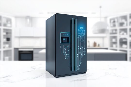 3D glyph line icon symbolizing a smart refrigerator for connected kitchens.