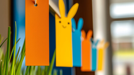 Colorful Easter themed bookmarks with bunny designs hanging decoratively