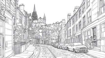 Wall Mural - Edinburgh street scene, uphill road, parked cars, church background, city travel illustration