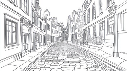 Wall Mural - Cobblestone street, old European city, architecture, sketch, travel