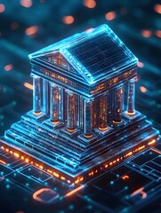 Aufkleber - Digital Bank Structure in Glowing Blue and Orange Lines on a Dark Circuit Board