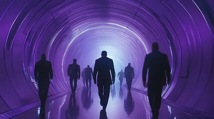 Wall Mural - Silhouettes of Men Walking Through a Futuristic Purple Tunnel, Illuminated by Bright Light, Abstract and Mysterious Atmosphere