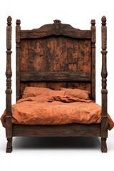 Wall Mural - Rustic wooden bed with ornate headboard and earthy bedding in neutral tones for cozy bedroom design