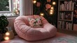 © Pannee - A cozy pink reading corner with blush walls, a soft pink armchair, and warm lights.