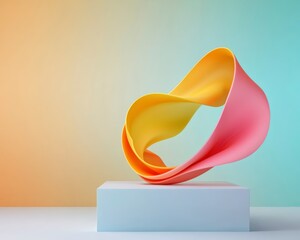 Poster - Colorful Abstract Sculpture Displayed on Pedestal Against Gradient Backdrop of Peach and Blue Shades