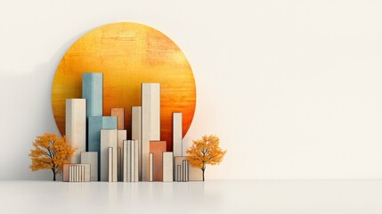 Poster - Modern Cityscape Illustration with Abstract Buildings and Orange Sunset Background