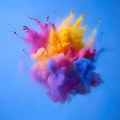 Poster - Colorful Powder Explosion Against a Light Blue Sky Creates a Dynamic and Abstract Composition